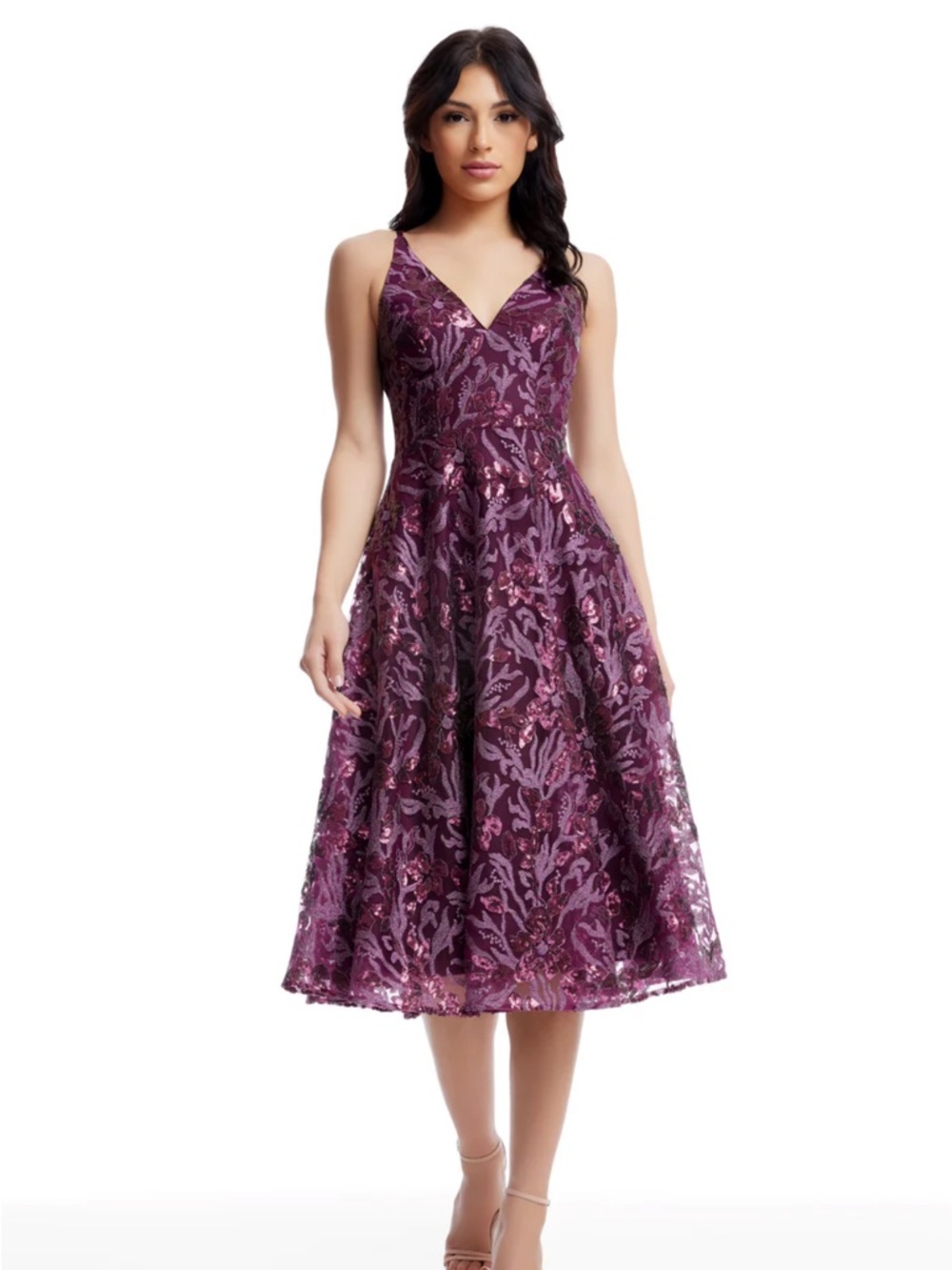 Dress the Population Plum Sequin Floral V-Neck Midi Dress